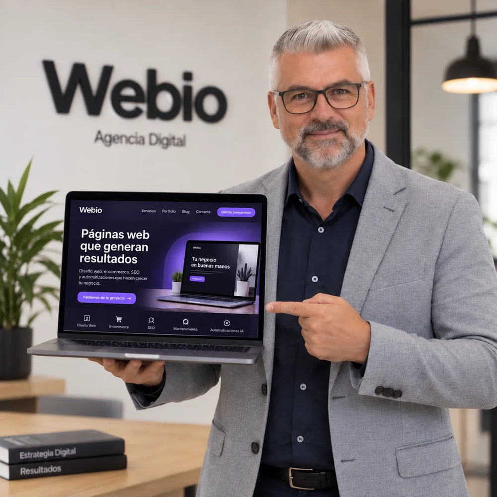 Presentación de Webio con un portátil que muestra una propuesta de diseño web